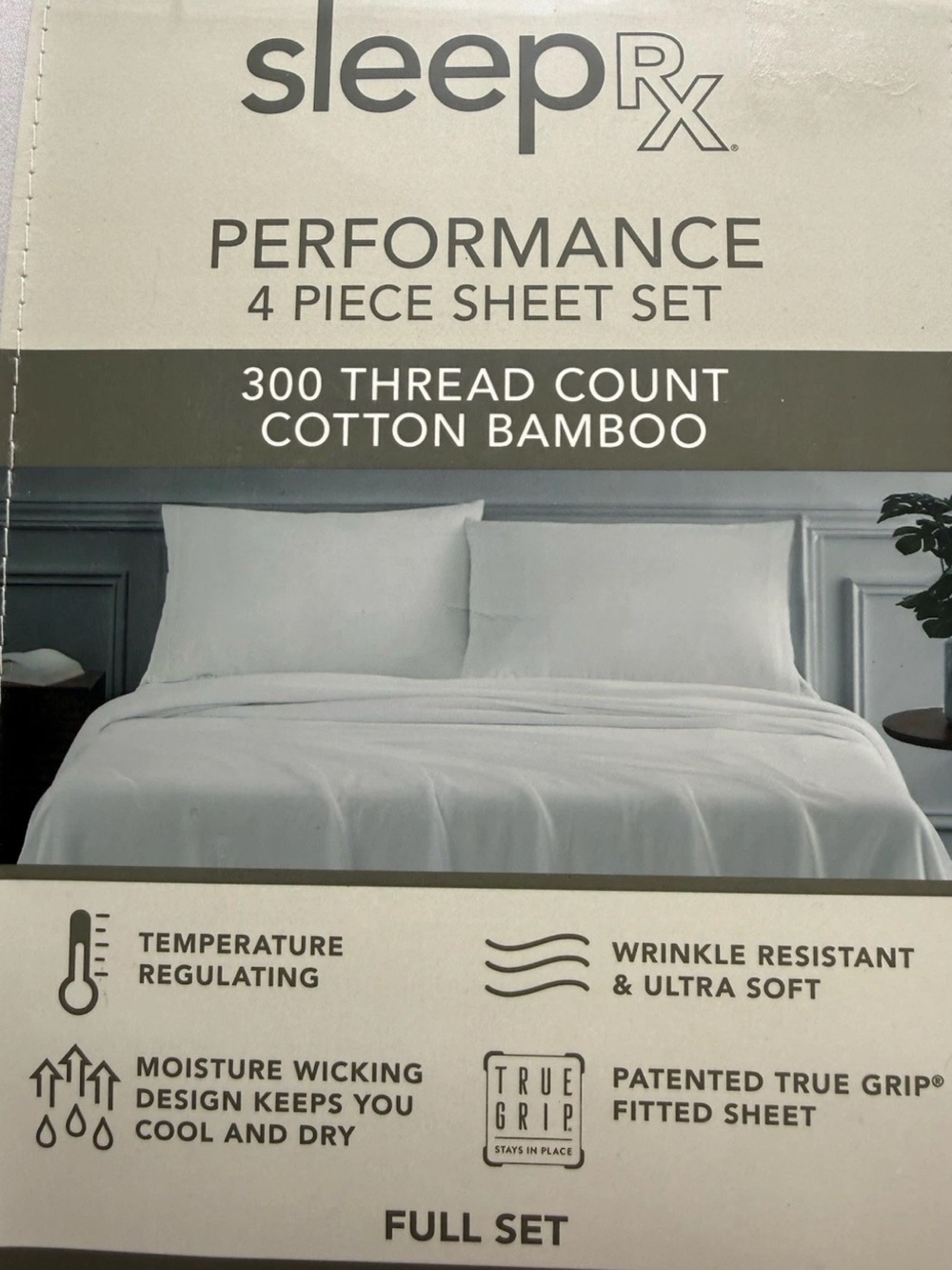 Sleep RX 300 Thread Count 4-Pc Sheet Set Full Ligbt Gray NWT Cotton Bamboo $160